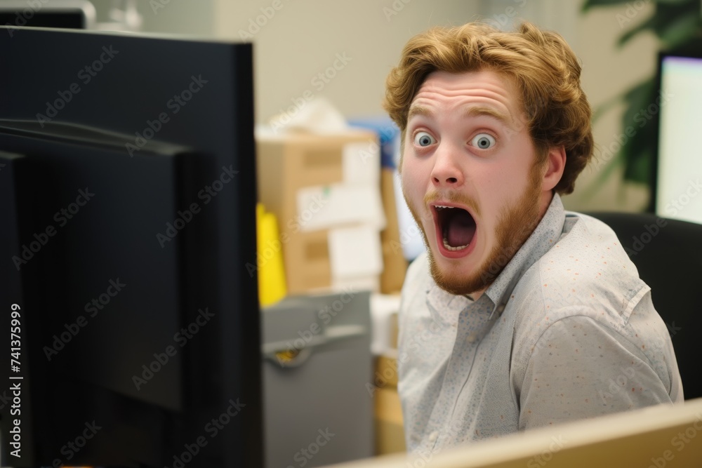 Male office worker in glasses with open mouth discovers practical
