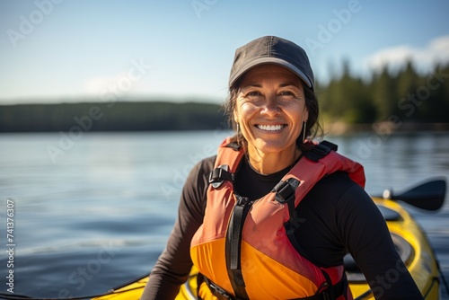 Portrait of a smiling senior woman kayaking on a lake.