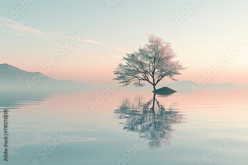 A tranquil scene depicting a solitary tree on a small island, reflected perfectly in the calm waters of a lake under a pastel dawn sky.
