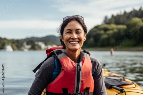 Portrait of smiling senior woman paddling a kayak on lake © Nerea