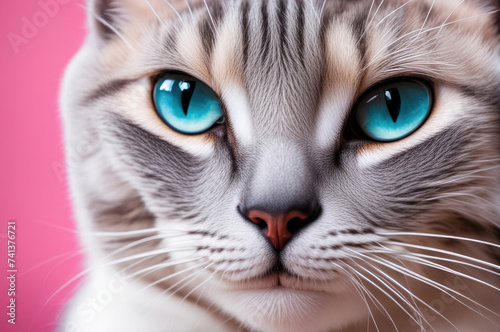 Mesmerizing Blue-Eyed Cat with Striking Markings on a Pink Backdrop