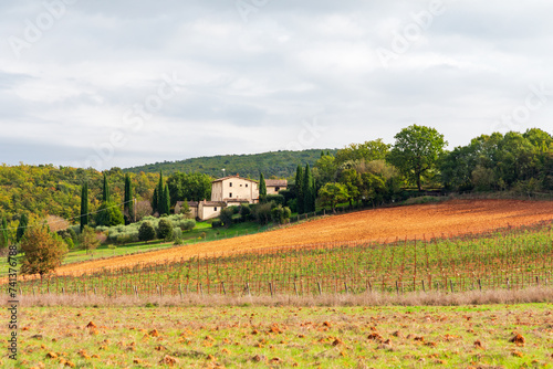 Scenic Tuscany countryside rural landscape with characteristic house in early autumn, Monteriggioni region, Tuscany, Italy