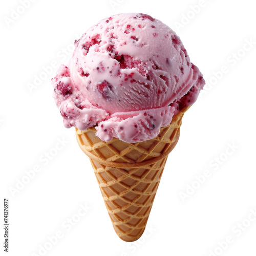 Strawberry ice cream cone isolated on white transparent, PNG