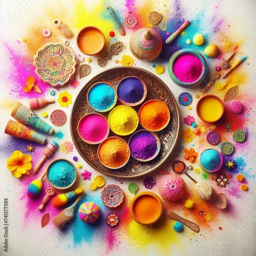 Happy Holi decoration, the Indian festival. Top view of colorful holi powder on white background for social media ads created with generative ai.