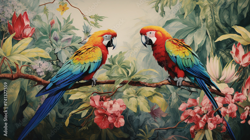 Colorful Parrots Amongst Exotic Tropical Flowers
