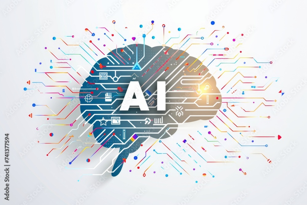 Fototapeta premium AI Brain Chip tri gate transistors. Artificial Intelligence cloud economics mind ai axon. Semiconductor innovative circuit board neuroenhancement