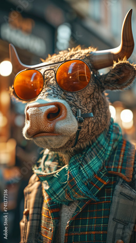 Suave bull roams the city streets in tailored elegance, epitomizing street style. The realistic setting frames his majestic presence, blending urban chic with bovine charm in a fashion-forward spectac