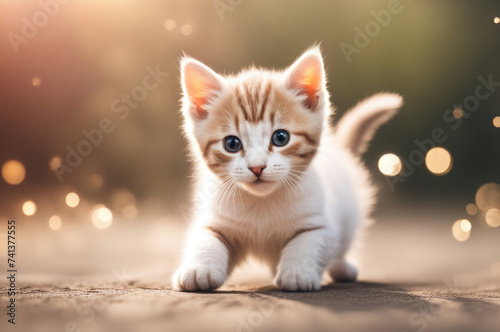 Orange Kitten Exploring with Curiosity on a Soft White Blanket with Warm Bokeh Lights