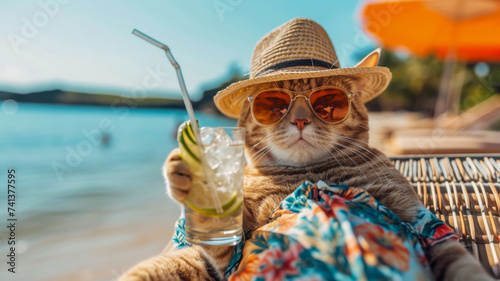 A cat dressed in a Hawaiian shirt  beach shorts  hat  sunglasses lies on a sunbathe on the beach  on a sun lounger  under a bright sun umbrella  drinks a mojito with ice from a glass glass with a stra
