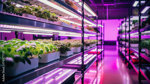 Indoor Vertical Farm with LED Grow Lights © Tony A