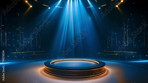 Festive golden blue scene pedestal with bright spotlight projector rays in night club on shimmering background. Gala evening concept photo