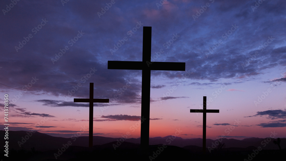Three silhouette crosses with amazing purple sunset. Lord God, creative. Deity, concept. Crucifixion of Jesus Christ at dawn - three crosses. Religion Catholic, creative.