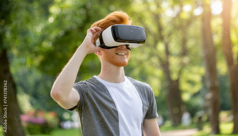 Obraz premium Young man using virtual reality headset. VR, future, gadgets, technology concept