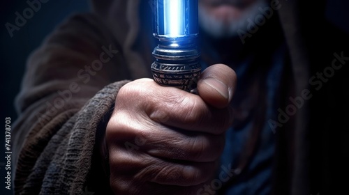 Schilderij op canvas a person holding up a light saber in a dark room