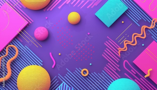 Classic 80s Memphis style design elements on a vivid purple background. Funky geometric shapes, squiggles, and patterns create a nostalgic, abstract composition ideal for retro-themed designs photo