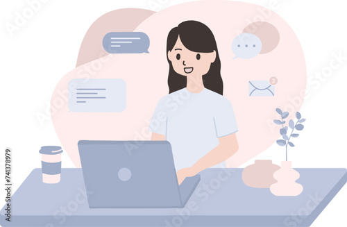 communicaton and delegating concept vector flat illustration. Character person using laptop with text bubble and notification background. For UI, landing page, social media, infographic, web, app