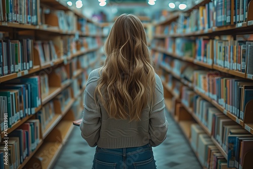 Portrait of a beautiful girl looking for a book in the library. Student in college library. Woman Choosing a book to buy in a bookstore. Education concept, library day, reading book day.