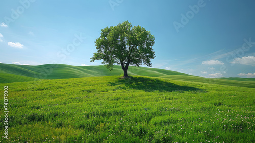 Picturesque landscape of green meadow with tree under cloudless bright blue sky in summer