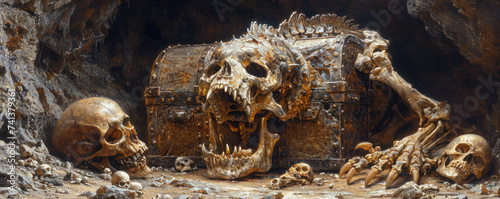 A Chimera surrounded by the skeletal remains of those who dared to steal its treasure resting beside the ancient chest that holds untold wealth