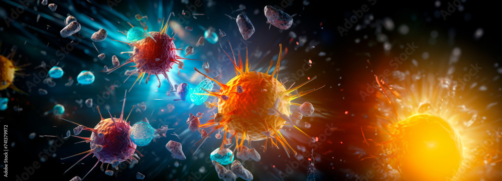 A dynamic depiction of vibrant virus cells in an abstract representation, conveying the intensity of infectious diseases. - obrazy, fototapety, plakaty 