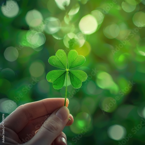 a hand holding a green three-leaf clover on a  green shamrock blurry background, st patricks theme © Maryam