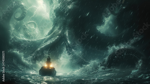 A lone submarine lights piercing the gloom encounters the massive form of a giant squid beneath storm-tossed waves photo
