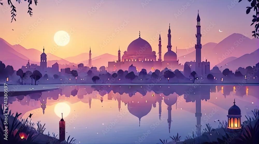 Islamic background flat design. Ramadan kareem greeting banner template