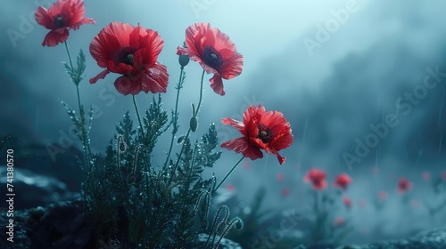 Red poppies under a somber, rainy sky.