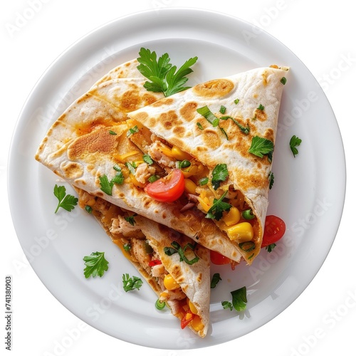 Mexican quesadillas on a plate on a white background, chicken cheesy quesadilla, Mexican food