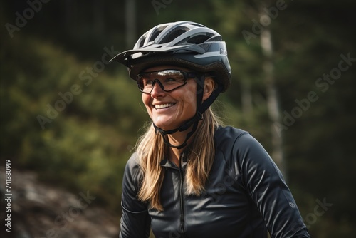 Portrait of a smiling woman wearing a helmet and glasses standing in the forest