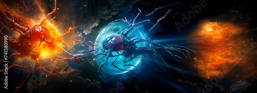Twin viruses with radiant cores locked in a heated collision, surrounded by icy shards against a cosmic backdrop. photo
