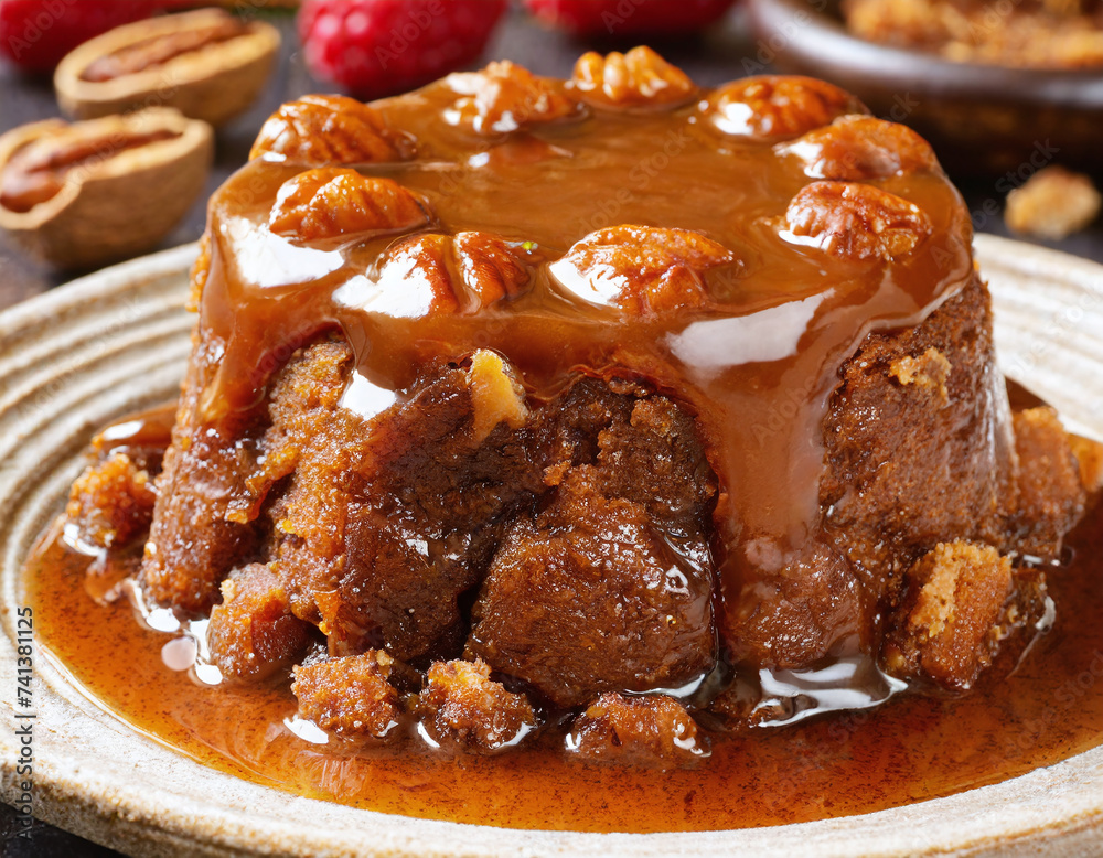 Sticky Toffee Pudding with Caramel Sauce and Walnuts - Rustic Dessert Presentation Sticky Toffee Pudding with Caramel Sauce and Walnuts - Rustic Dessert Presentation