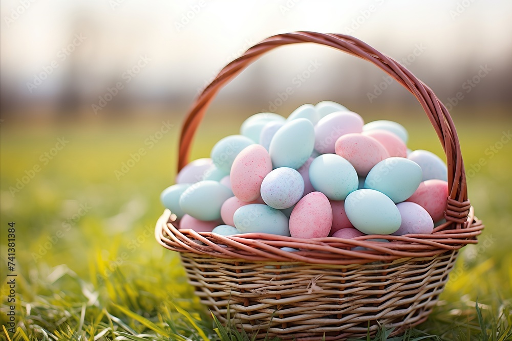 Naklejka premium Easter eggs in pastel colors, wicker basket on green meadow background, spring holiday concept