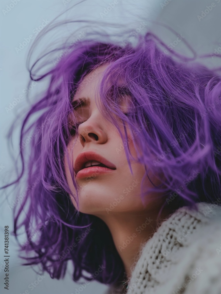 Portrait of a young woman with purple hair. Portrait of a young woman with purple hair.