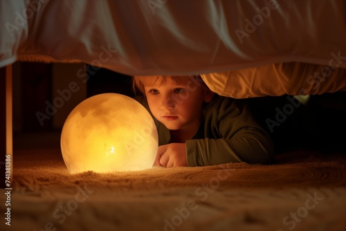 child gazing at a glowing globe while under bed