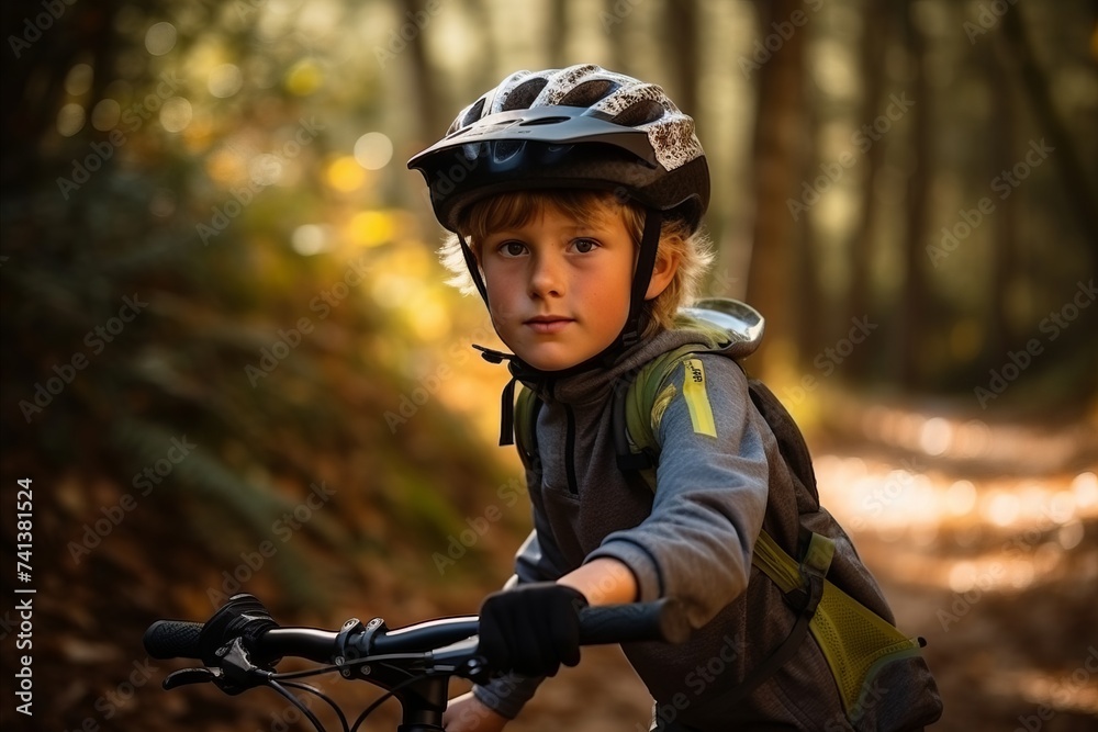Portrait of little boy with bicycle in autumn forest, outdoor shot Portrait of little boy with bicycle in autumn forest, outdoor shot