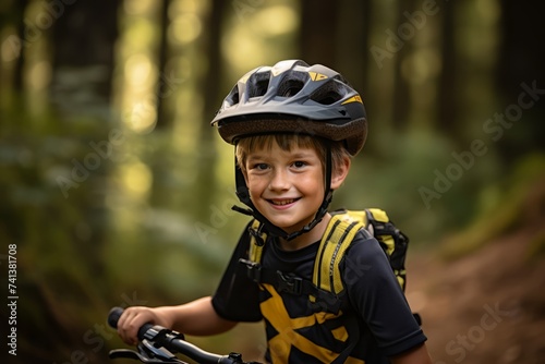 Portrait of a boy on a bicycle in a forest. Selective focus.