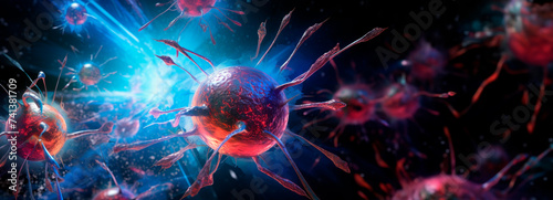 A trio of viruses engaged in a vivid confrontation, with one at the center glowing intensely against a backdrop of blue energy streams.