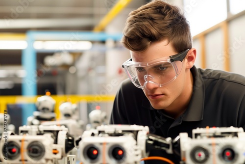 technician wearing safety glasses overseeing robots