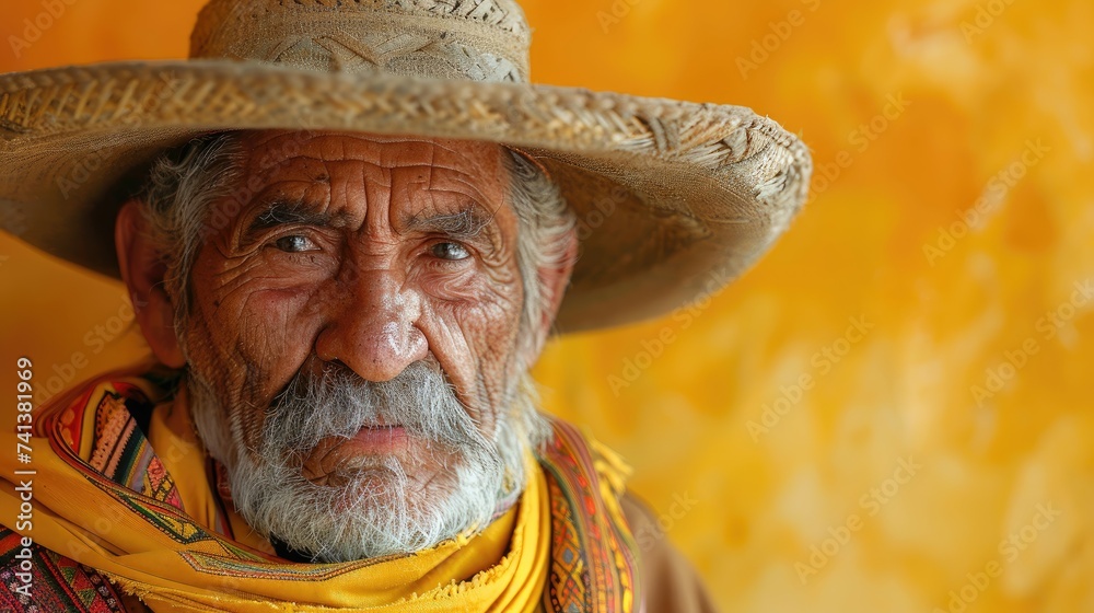 Senior man in sombrero against a vibrant orange wall.