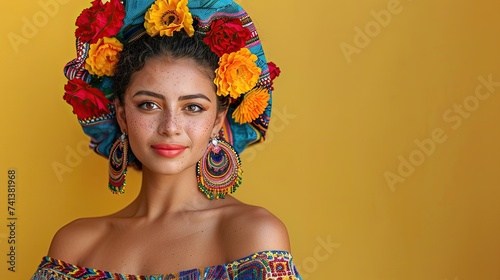 Young woman with traditional Mexican headdress and makeup. photo