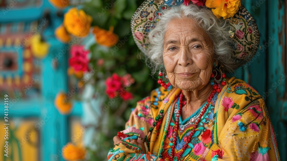 Senior woman with traditional Mexican attire and colorful background.