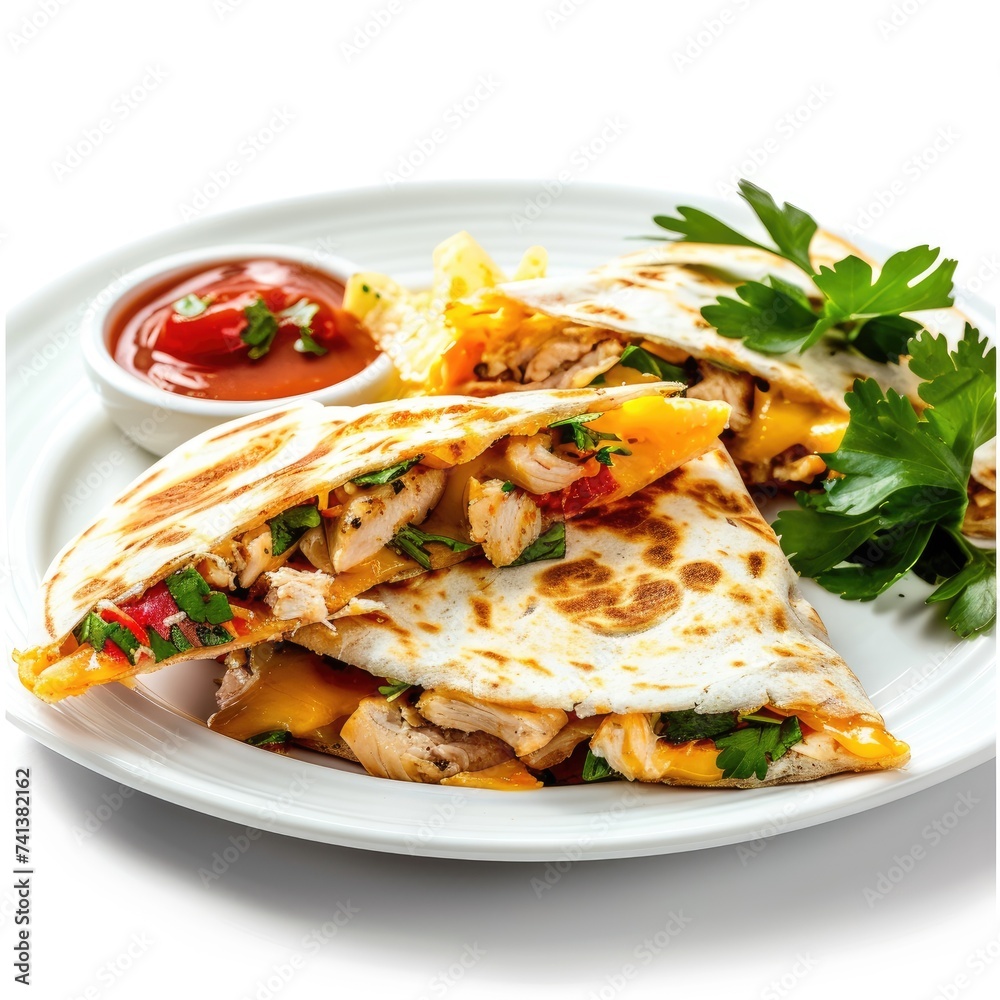 Mexican quesadilla with chicken, tomato, sweet corn, cheese, parsley, and chili sauce served on a white plate, white background, salsa quesadilla Mexican quesadilla with chicken, tomato, sweet corn, cheese, parsley, and chili sauce served on a white plate, white background, salsa quesadilla