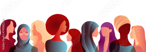 Group silhouette of multicultural business women. International women's day. Equality Diversity - Inclusion - or Empowerment concept. Colleagues or co-workers. Banner copy space