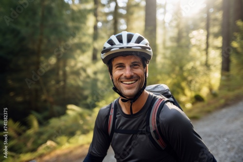 Portrait of a smiling man with a bicycle in the forest. © Nerea