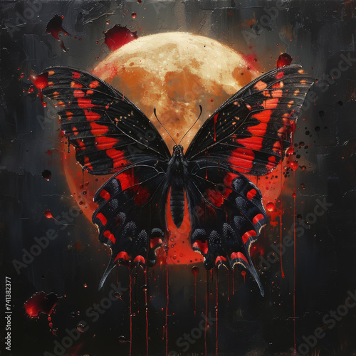 A single Bloody Butterfly caught in a moment of flight with droplets resembling blood trailing from its wings against a stark moonlit sky photo