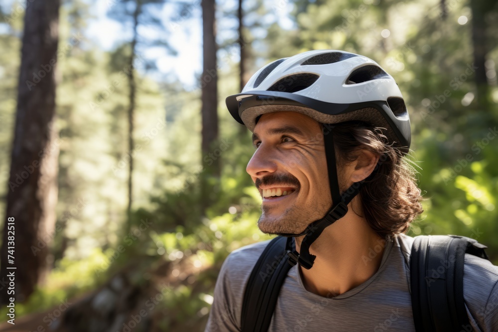 Portrait of smiling man with bicycle helmet in forest on a sunny day Portrait of smiling man with bicycle helmet in forest on a sunny day