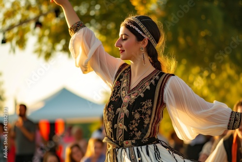 greek woman in traditional dress doing the sirtaki at a festival photo