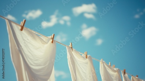 White laundry hanging on a clothesline against a clear blue sky, embodying freshness and cleanliness, perfect for household, lifestyle, and environmental themes.
