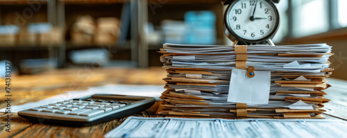 A stack of tax documents tagged with urgent deadlines a calculator and a clock ticking down encapsulating the pressure of tax season photo
